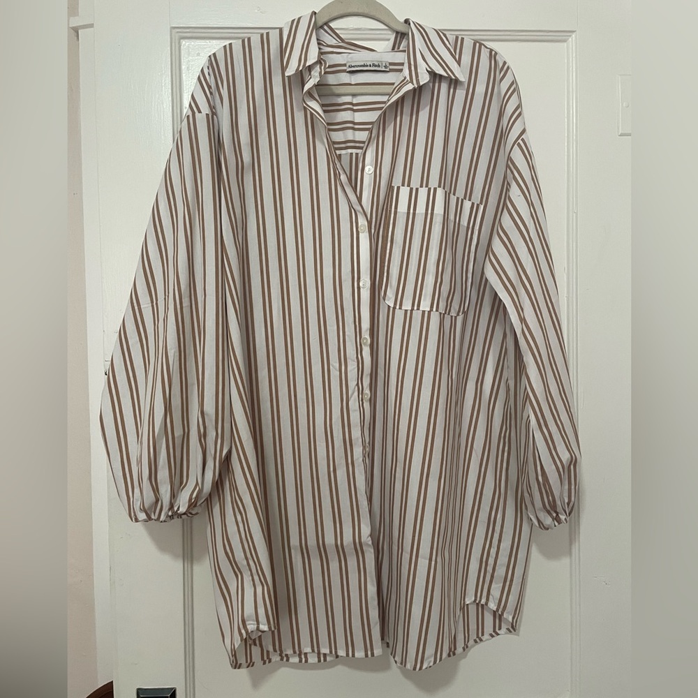 Abercrombie & Fitch Women's Long-Sleeve Poplin Puff Sleeve Shirt Dress Stripe